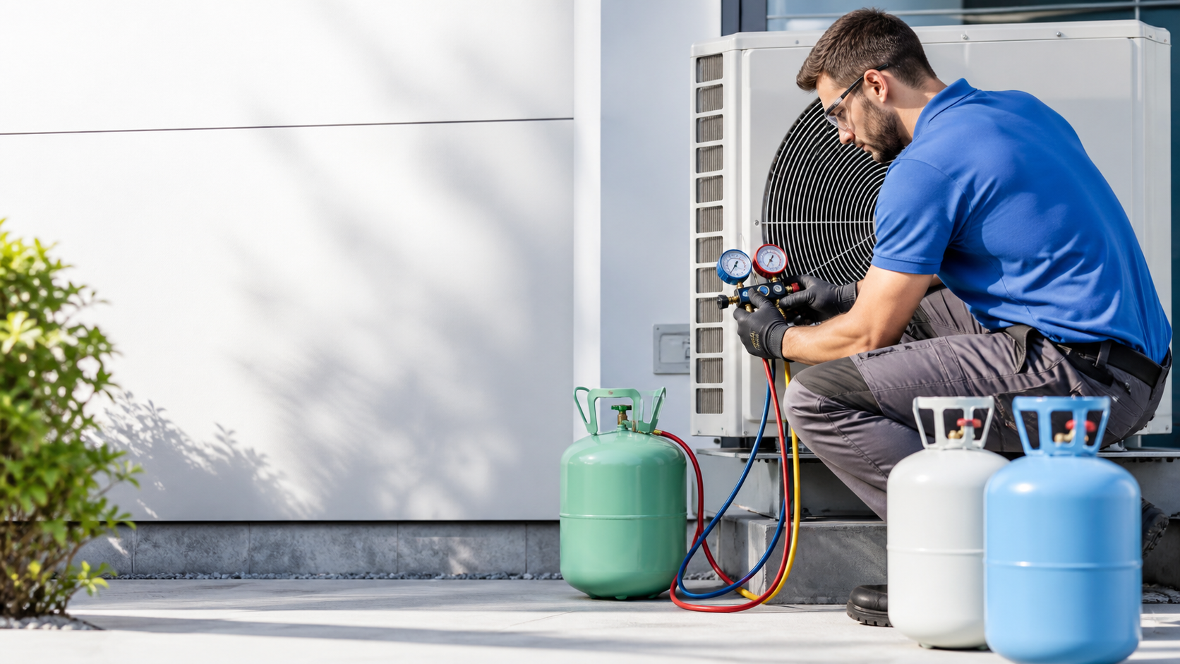 HVAC technician servicing an outdoor AC system with refrigerant cylinders